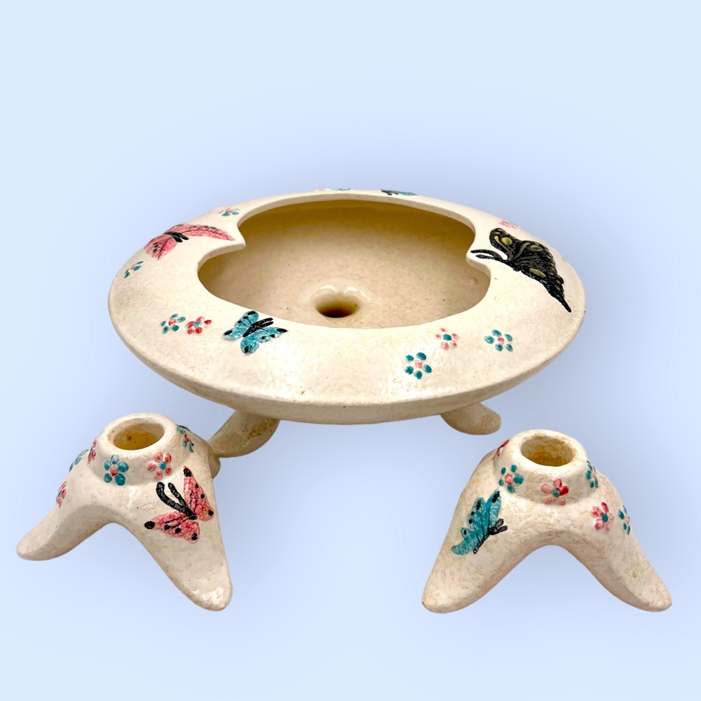 ViNtAgE HULL POTTERY B21 CONSOLE BOWL And CANDLE SET 1956 WHITE W/ BUTTERFLIES